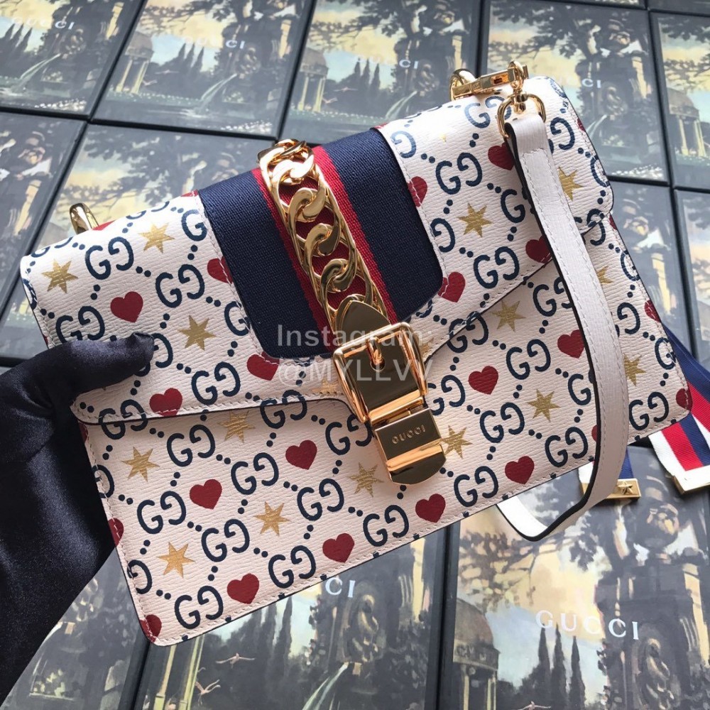 Gucci Sylvie Red Heart Small Shoulder Bag White 524405