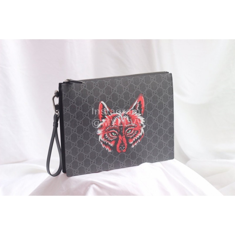 Gucci Wolf Print Cowhide Clutch Coffee Color 547613
