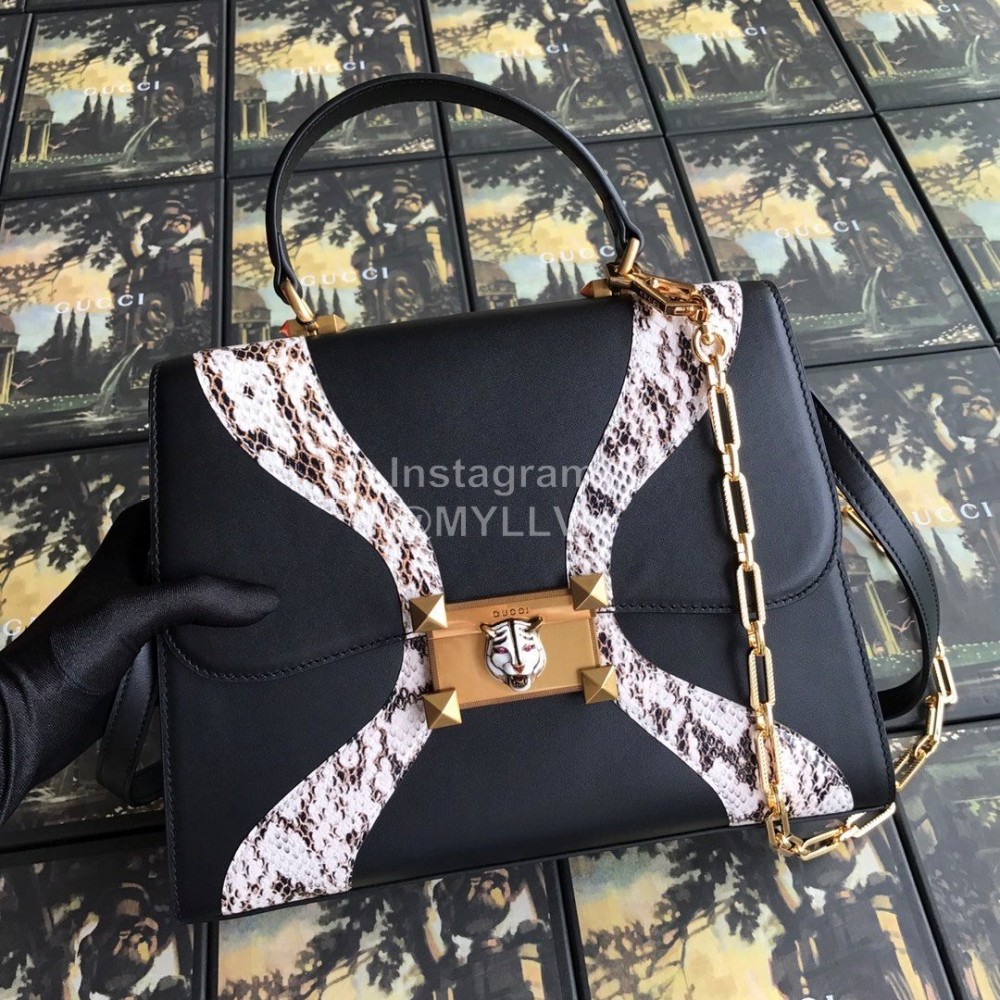 Gucci Wolf Head Snake Print Leather Handbag Black 476435
