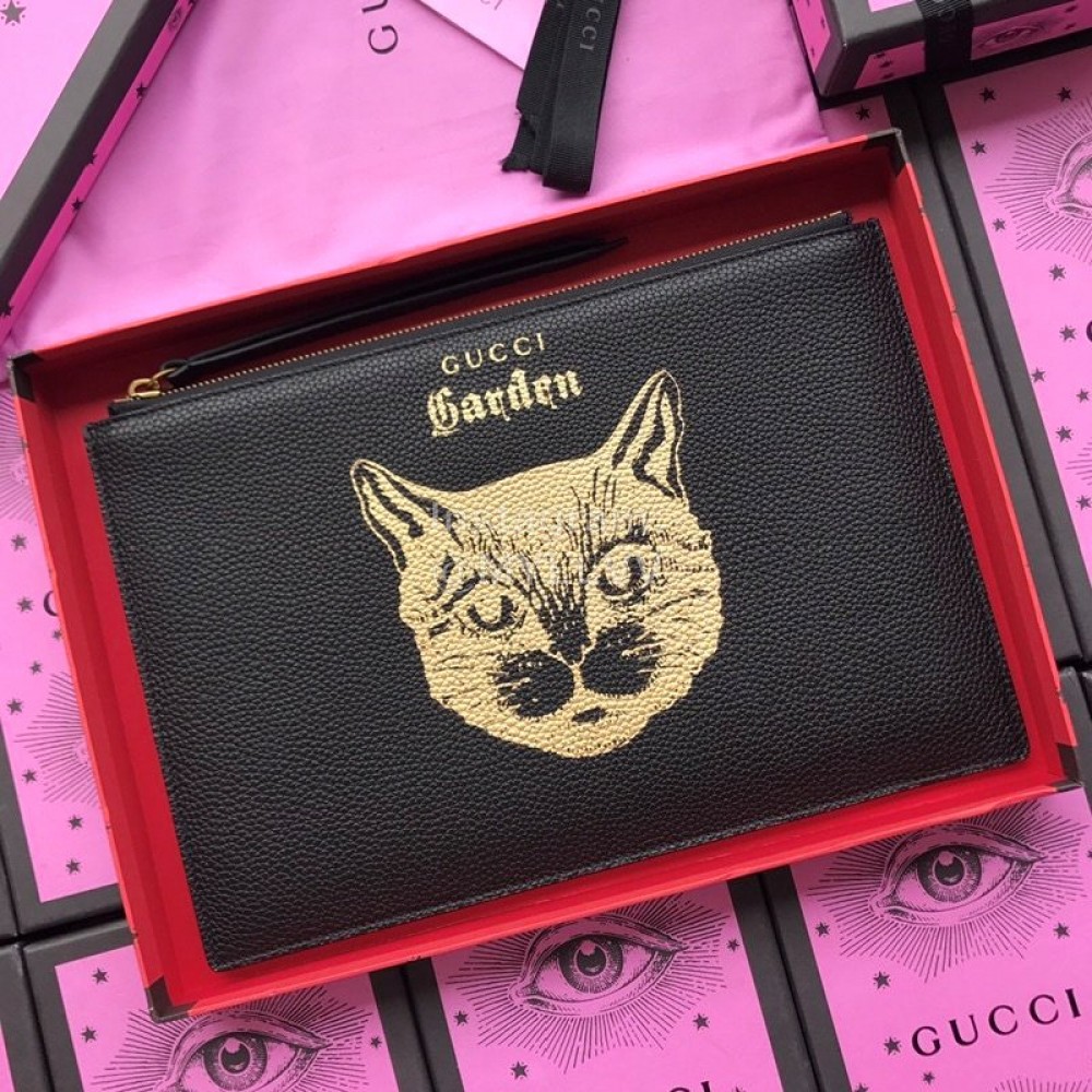 Gucci Bronzing Cat Head Cowhide Handbag Black 516928