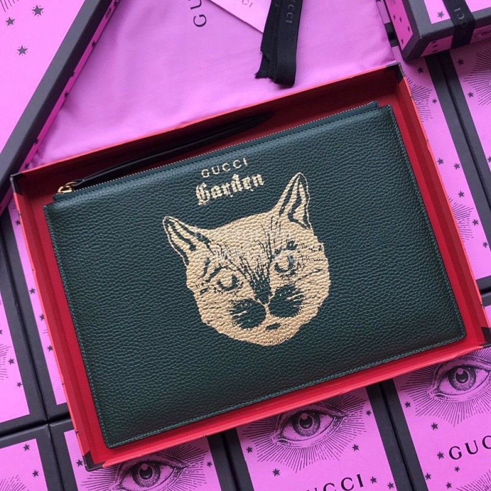 Gucci Bronzing Cat Head Cowhide Handbag Dark Green 516928