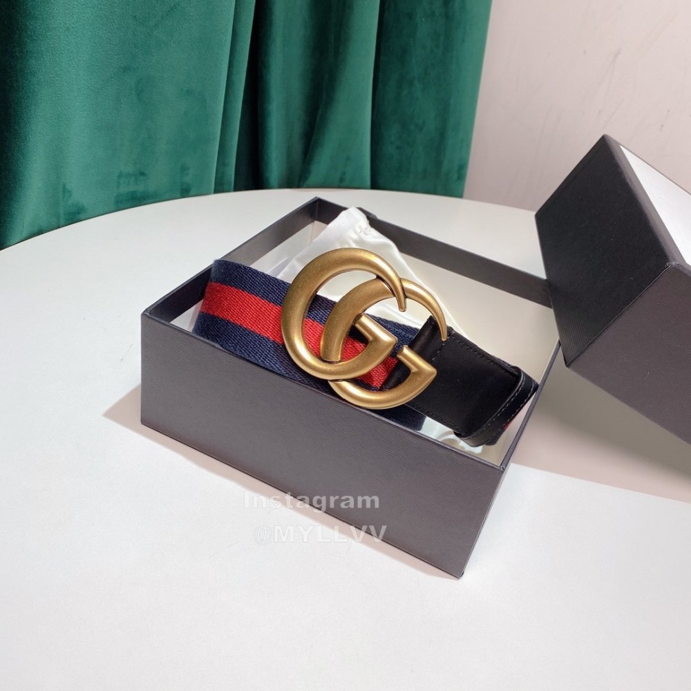 Gucci Classic Red Blue Ribbon Calf Gold Metal Buckle 4cm Belts 