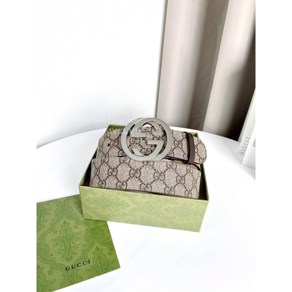 Gucci New Waterproof Printed Leather Silver Buckle 40mm Belts