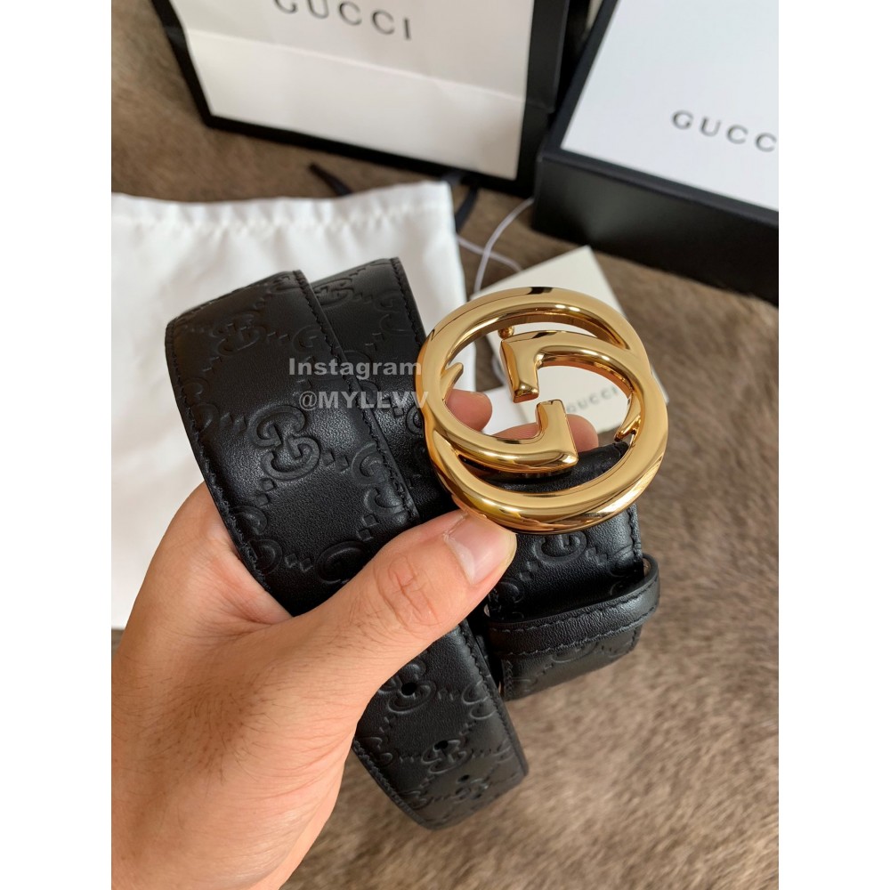 Gucci Fashion Black Embossed Leather Gold Buckle 40mm Belts 