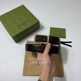 Gucci Embossed Black Leather Gold Square Buckle 35mm Belts