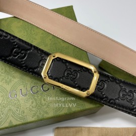 Gucci Embossed Black Leather Gold Square Buckle 35mm Belts