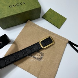 Gucci Embossed Black Leather Gold Square Buckle 35mm Belts