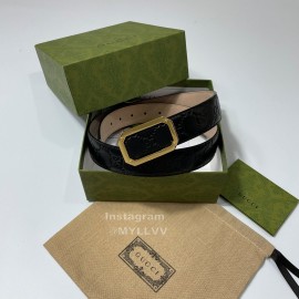Gucci Embossed Black Leather Gold Square Buckle 35mm Belts
