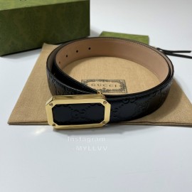 Gucci Embossed Black Leather Gold Square Buckle 35mm Belts