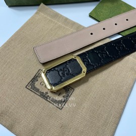 Gucci Embossed Black Leather Gold Square Buckle 35mm Belts