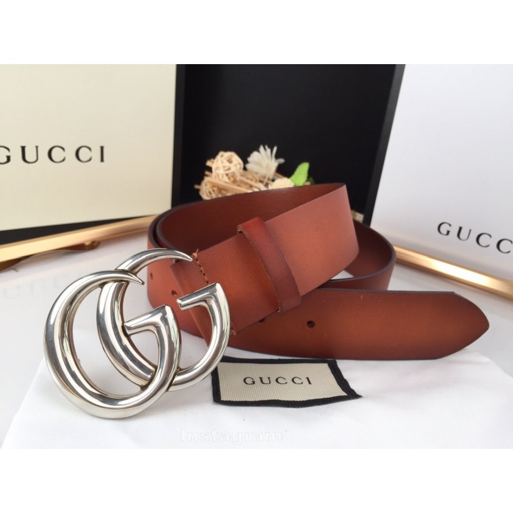 Gucci Fashion Brown Leather Silver Gg Buckle 40mm Belts