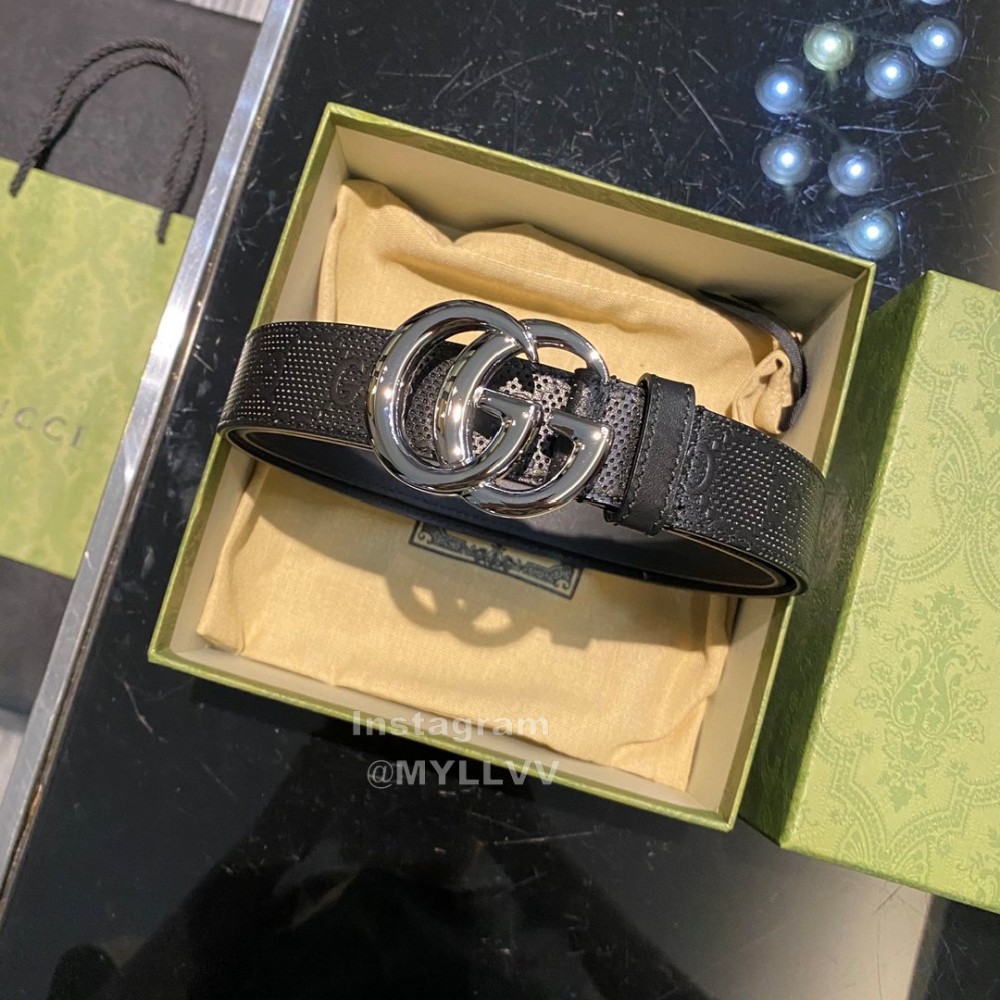 Gucci Hollow Calf Leather Black Gg Buckle 30mm Belts