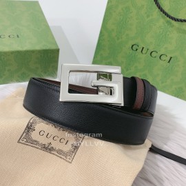 Gucci Black Brown Calf Leather Silver G Buckle 35mm Belts
