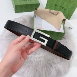 Gucci Black Brown Calf Leather Silver G Buckle 35mm Belts