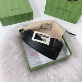Gucci Black Brown Calf Leather Silver G Buckle 35mm Belts