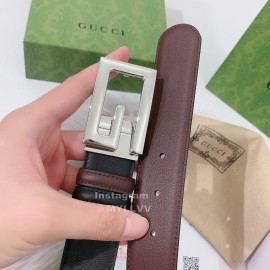 Gucci Black Brown Calf Leather Silver G Buckle 35mm Belts