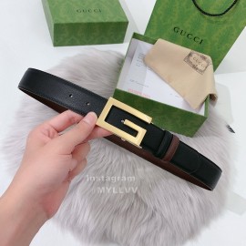Gucci Black Brown Calf Leather Gold G Buckle 35mm Belts