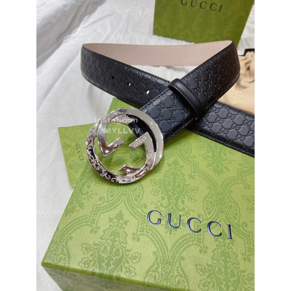 Gucci Black Embossed Leather Silver Pure Copper Buckle 40mm Belts