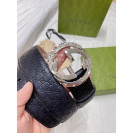 Gucci Black Embossed Leather Silver Pure Copper Buckle 40mm Belts