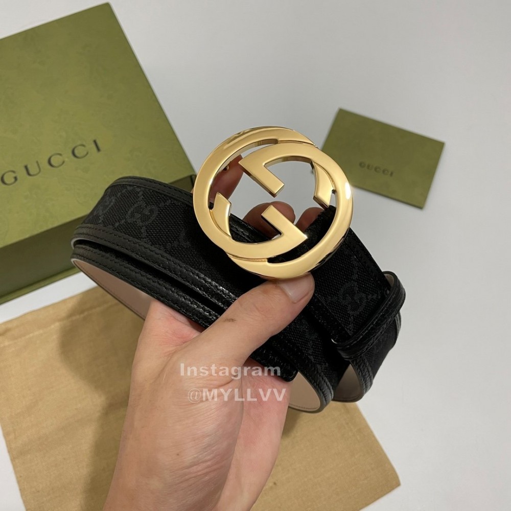 Gucci Black Canvas Leather Gold Buckle 40mm Belt