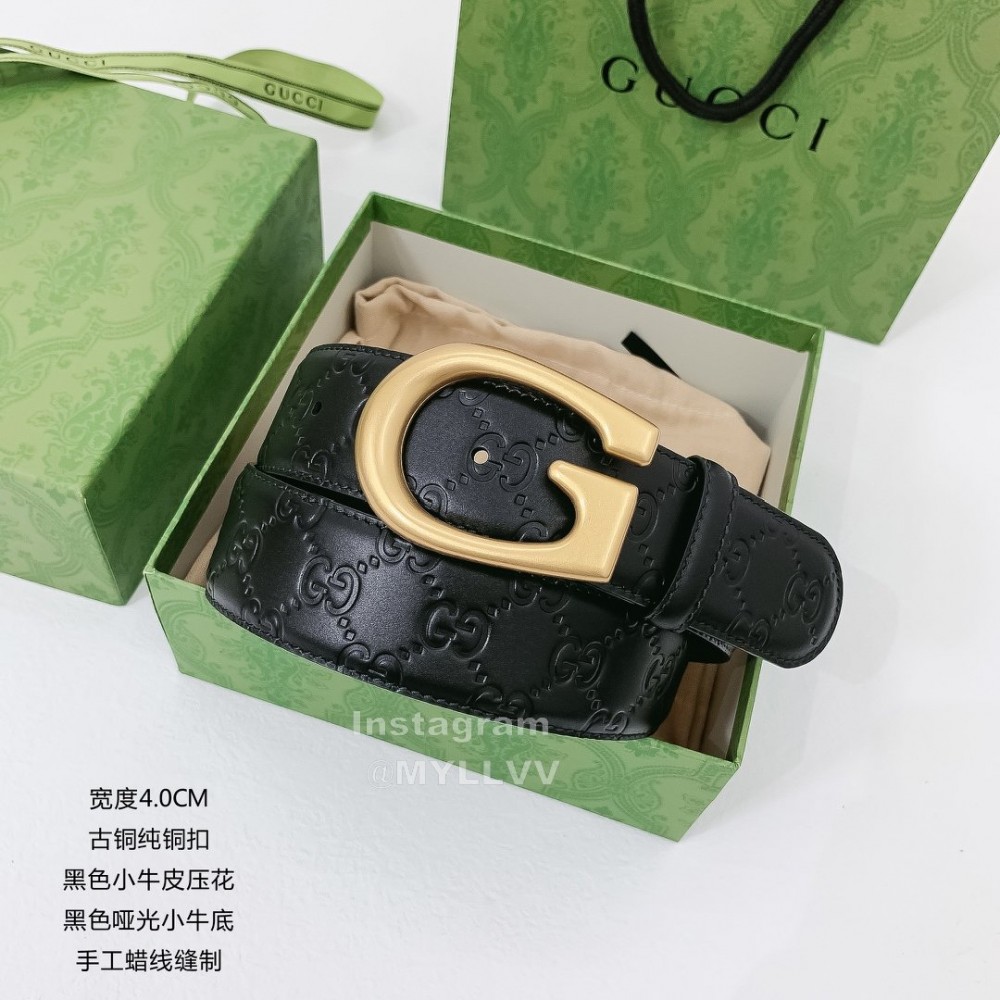 Gucci Black Embossed Cowhide Gold Buckle 40mm Belt