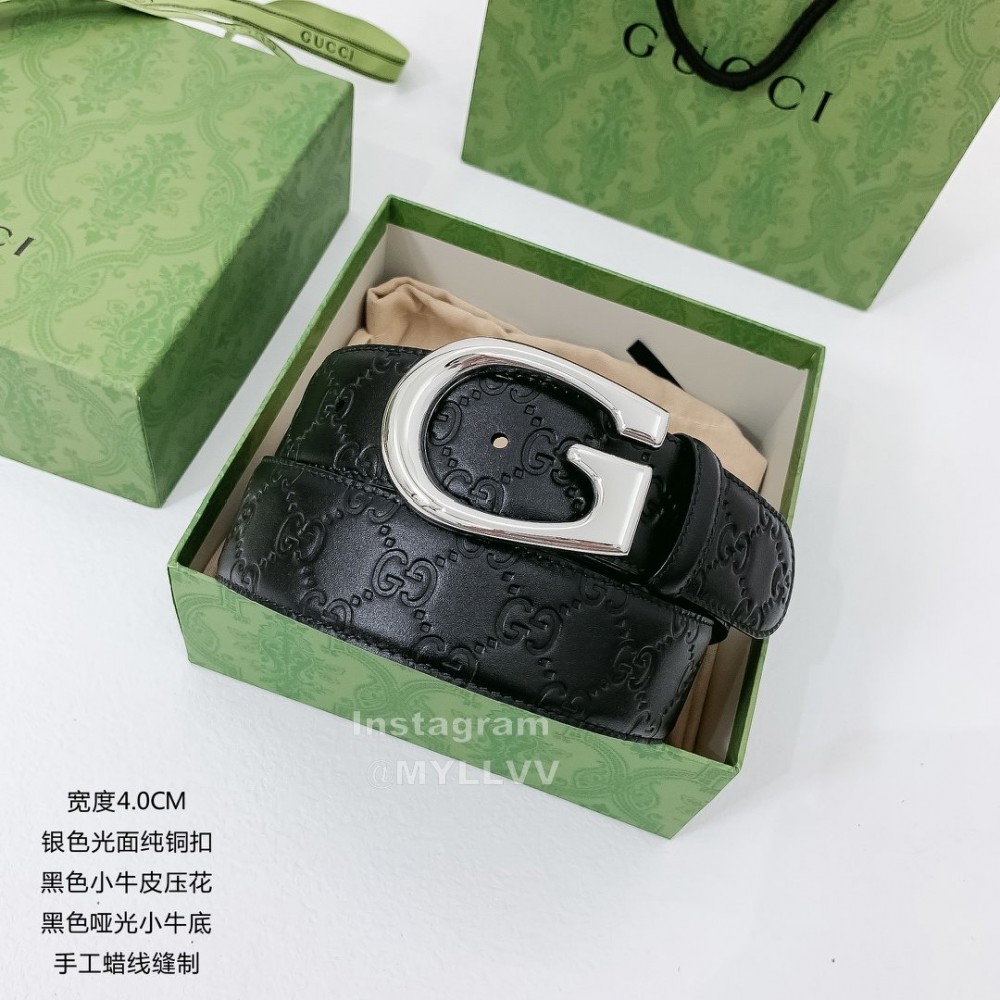 Gucci Black Embossed Cowhide Silver Buckle 40mm Belt