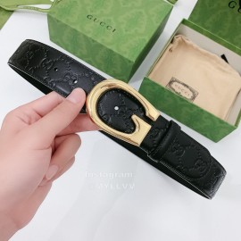 Gucci New Black Embossed Cowhide Gold Buckle 40mm Belt