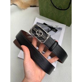 Gucci Black Calf Leather Automatic Steel Silver Buckle 35mm Belt 