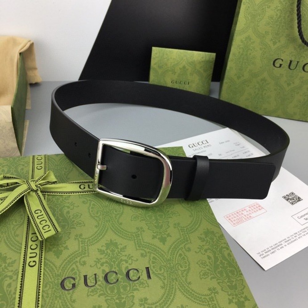 Gucci Calf Leather Interlocking Metal Silver Buckle 37mm Belt