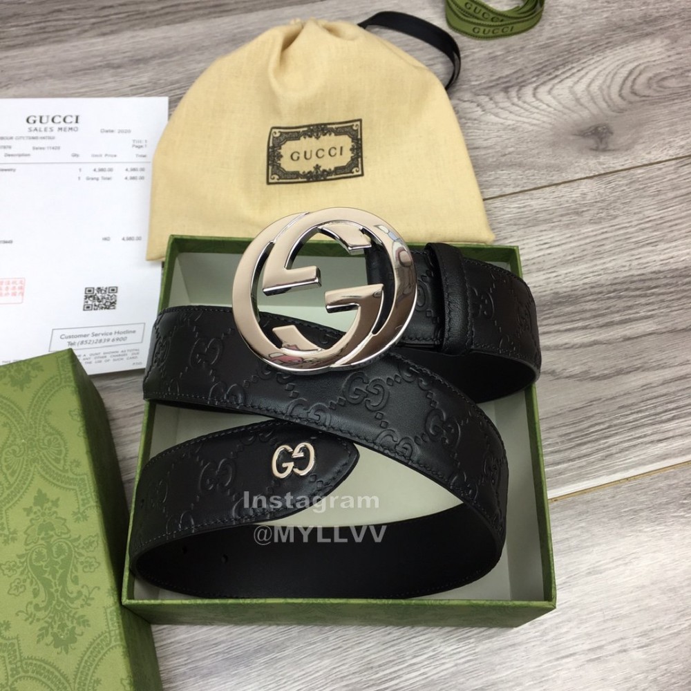 Gucci Black Embossed Calf Leather Gun Color Gg Buckle 40mm Belt