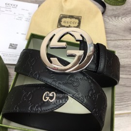 Gucci Black Embossed Calf Leather Gun Color Gg Buckle 40mm Belt