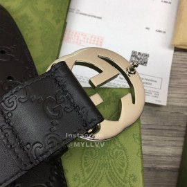 Gucci Black Embossed Calf Leather Gun Color Gg Buckle 40mm Belt