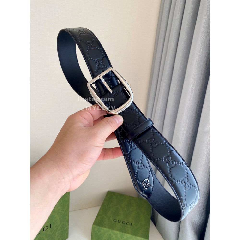 Gucci Black Embossed Calf Leather Silver Pin Buckle 40mm Belt