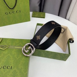 Gucci Soft Star Bee Pattern Calf Leather Silver Gg Buckle 40mm Belt