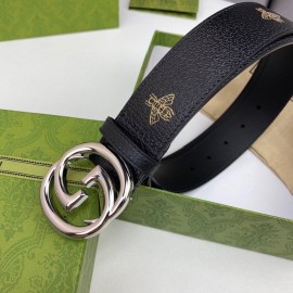 Gucci Soft Star Bee Pattern Calf Leather Silver Gg Buckle 40mm Belt