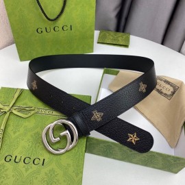 Gucci Soft Star Bee Pattern Calf Leather Silver Gg Buckle 40mm Belt