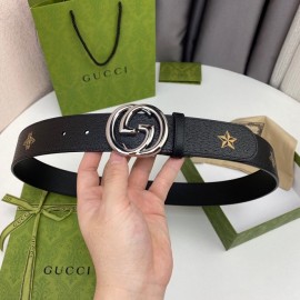 Gucci Soft Star Bee Pattern Calf Leather Silver Gg Buckle 40mm Belt