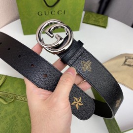 Gucci Soft Star Bee Pattern Calf Leather Silver Gg Buckle 40mm Belt