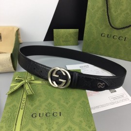 Gucci Black Embossed Calf Leather Silver Copper Buckle 40mm Belt