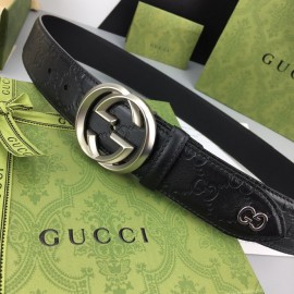 Gucci Black Embossed Calf Leather Silver Copper Buckle 40mm Belt
