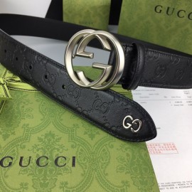 Gucci Black Embossed Calf Leather Silver Copper Buckle 40mm Belt