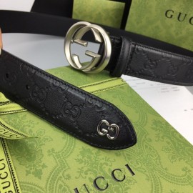 Gucci Black Embossed Calf Leather Silver Copper Buckle 40mm Belt