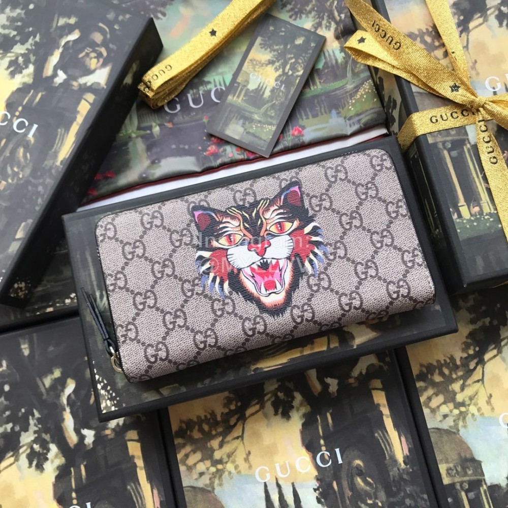 Gucci Supreme Color Tiger Print Canvas Zipper Around Long Wallet Gray 451273