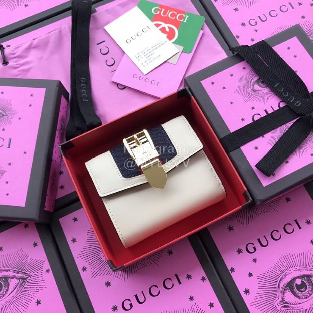 Gucci Sylvie Webbing Striped Metal Buckle Leather Short Clamshell Wallet Beige 476081