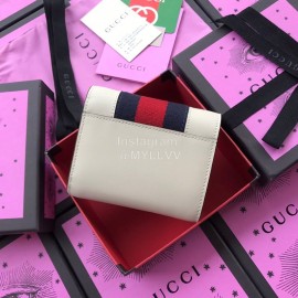 Gucci Sylvie Webbing Striped Metal Buckle Leather Short Clamshell Wallet Beige 476081