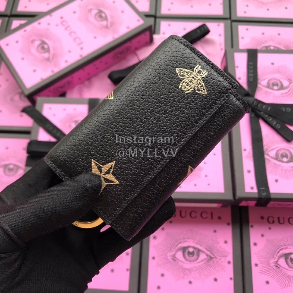 Gucci Bee Star Print Leather Key Case Black 495071