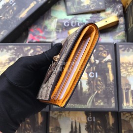 Gucci Wolf Head Butterfly Print Cowhide Short Wallet Brown Yellow 473954