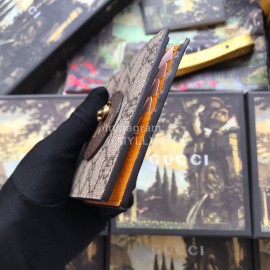 Gucci Wolf Head Butterfly Print Cowhide Short Wallet Brown Yellow 473954