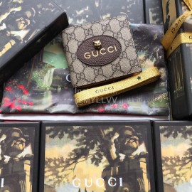 Gucci Wolf Head Butterfly Print Cowhide Short Wallet Brown Yellow 473954