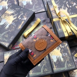 Gucci Supreme Mickey Canvas Moire Fabric Cowhide Short Wallet Brown 602534